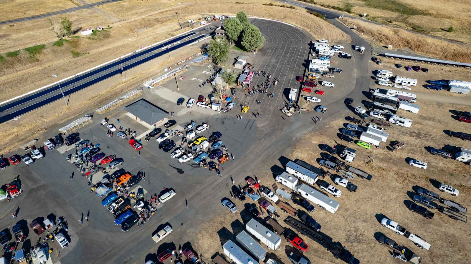 Aerial view of Medford Dragstrip quarter-mile track and pit area